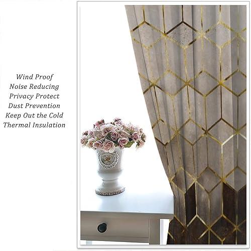 Miniatura 5 de YCness Cortinas geométricas de mármol, marrón y dorado, geometría abstracta con patrón hexagonal, tratamiento de ventana para dormitorio, sala de