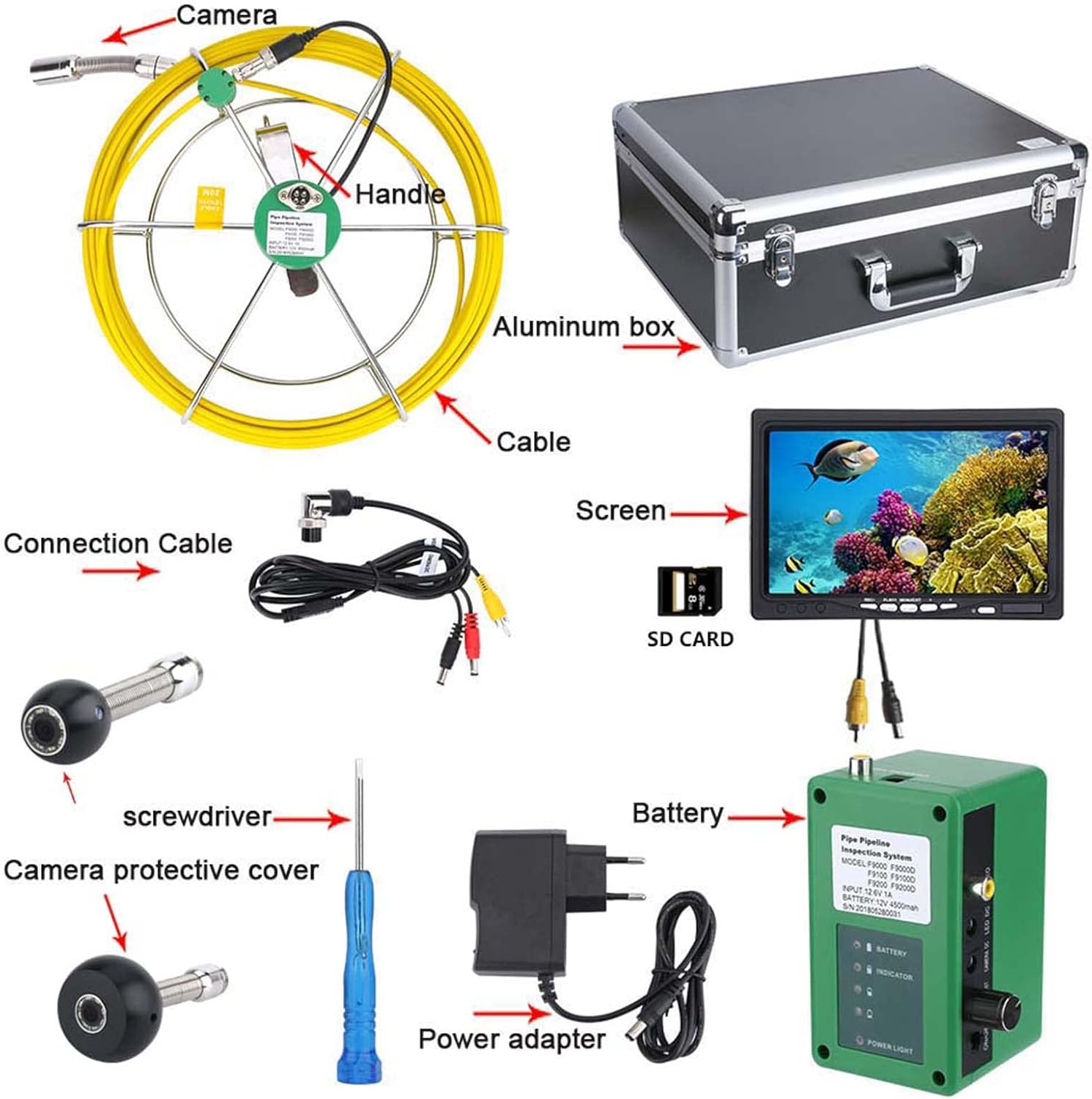 Sewer Camera Industrial Endoscope with DVR Video Pipeline Inspection Equipment 7-Inch LCD Monitor Industrial Pipeline Inspection Camera 1000 TVL Endoscope with 8GB SD Card,40M