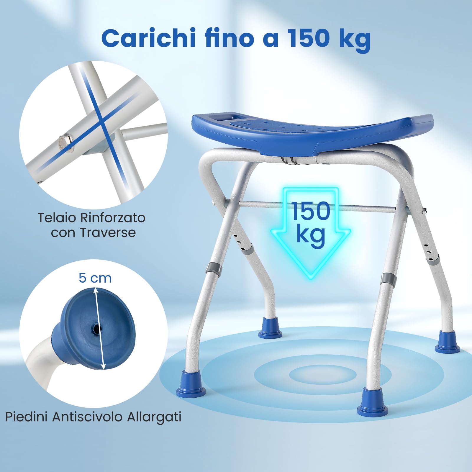 RELAX4LIFE Sgabello da Doccia Pieghevole, Sedia per Doccia in Alluminio, Altezza Regolabile 49-52,5 cm, Piedini Antiscivolo in Gomma, Sedile da Bagno per Anziani e Disabili o Riabilitazione (Blu)