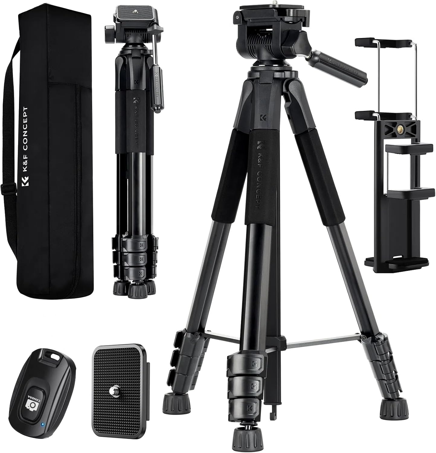 K&F CONCEPT Camera Tripod S254A3+BV01, Lightweight Tripod with Bag, 172 cm Mobile Phone Tripod, Tripod for Canon Nikon Sony Camera/DSLR/Camcorder, Tripod for Smartphone, Travel Tripod with Mobile Phone Tablet Holder