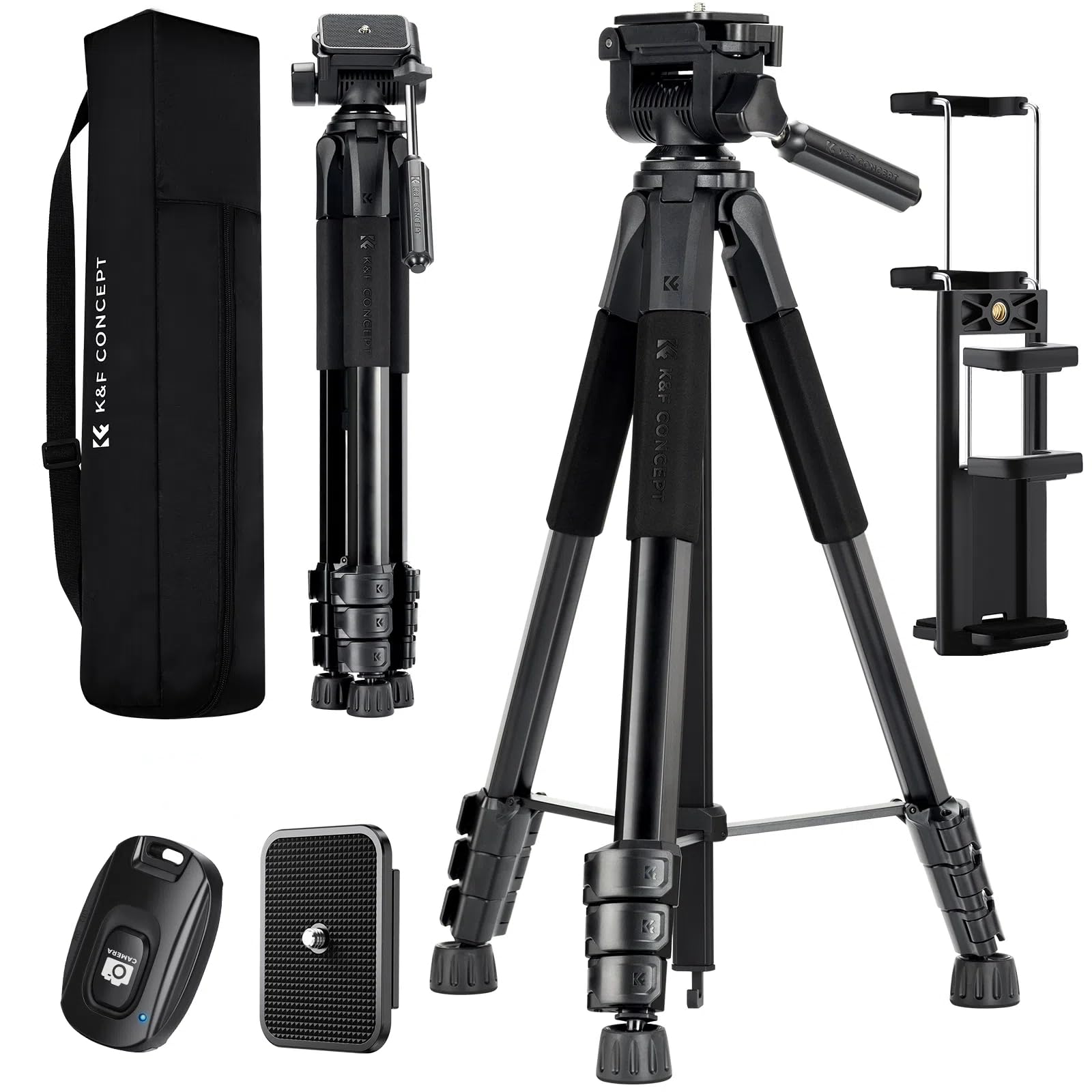 K&F CONCEPT Kamerastativ S254A3+BV01, Leichtes Stativ mit Tasche,172cm Handystativ,Tripod für Canon Nikon Sony Kamera/DSLR/Camcorder,Stativ für Smartphone,Reisestativ mit Handy-Tablet-Halterung