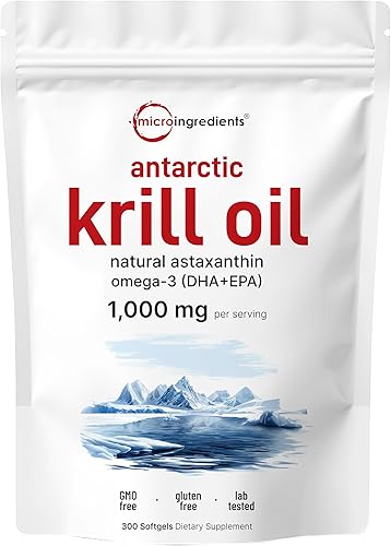 Micro Ingredients Suplemento de aceite de krill antártico con astaxantina natural, 1000 mg por porción, 300 geles suaves, rico en omega-3 EPA y DHA,
