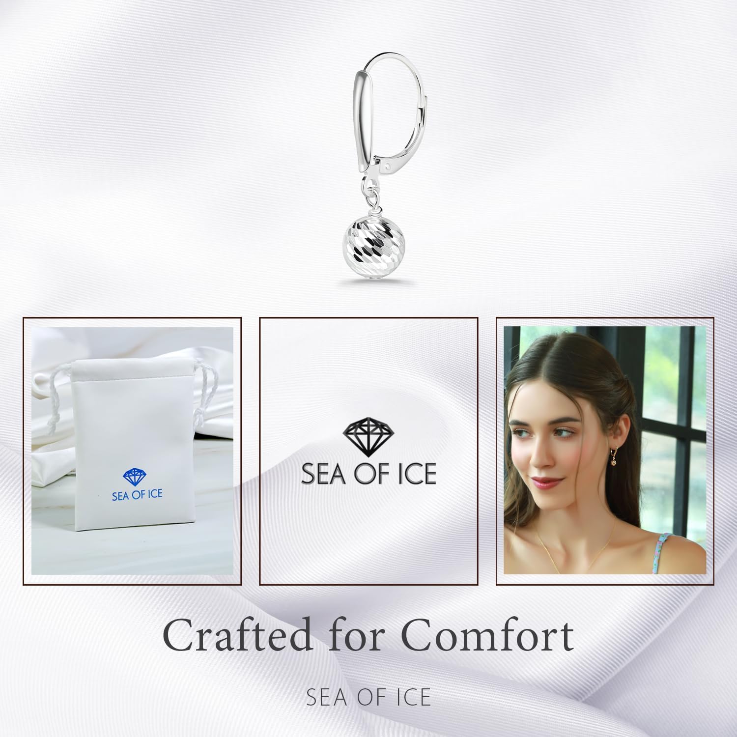 Sea of Ice Sterling Silver Ball Beads Leverback Drop Dangle Earing– Diamond-Cut 8mm Ball Beads - Elegant Sterling Silver Earrings for Women – Nickel-Free Jewelry - Image 6