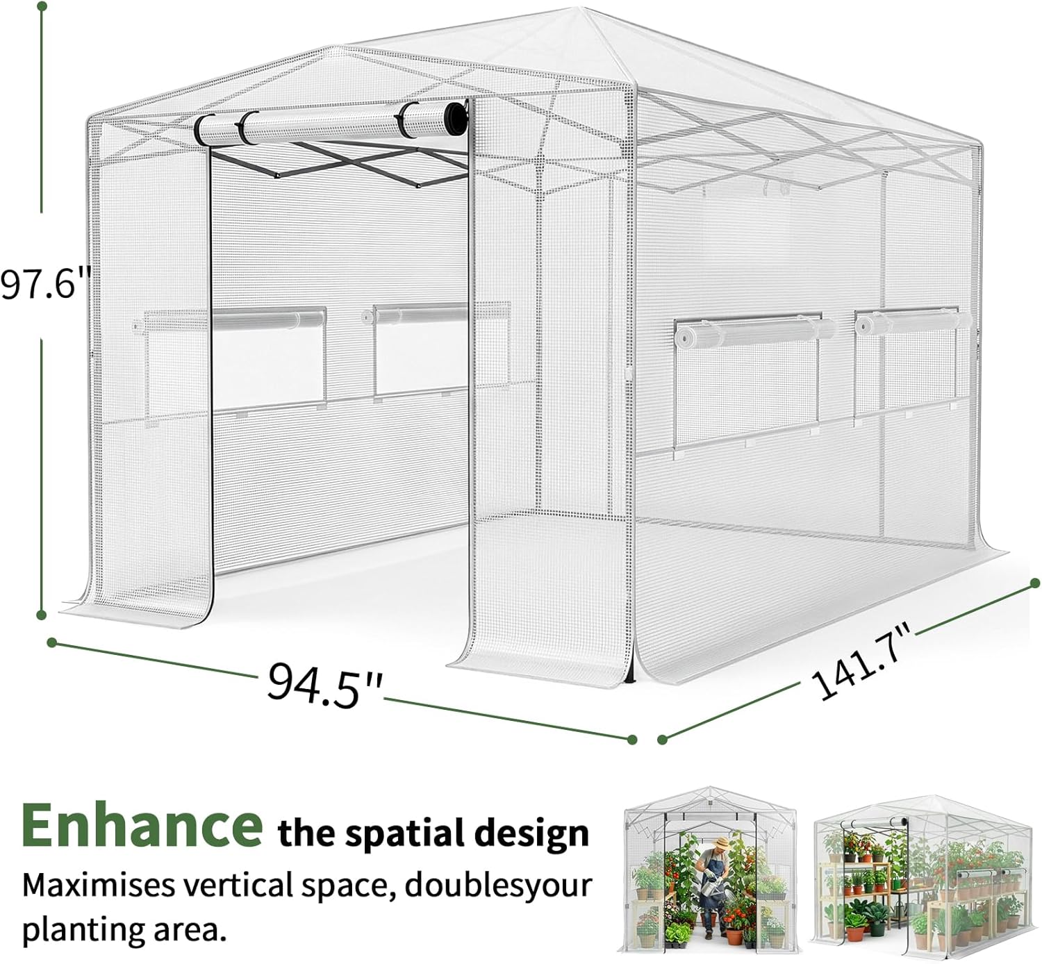 Outvita 8x12ft Greenhouse, Instant Walk-in Pop Up Tent Greenhouse for Indoor Outdoor Gardening Easy Setup Shelter with Roll-up Zipper Entry Doors and Windows