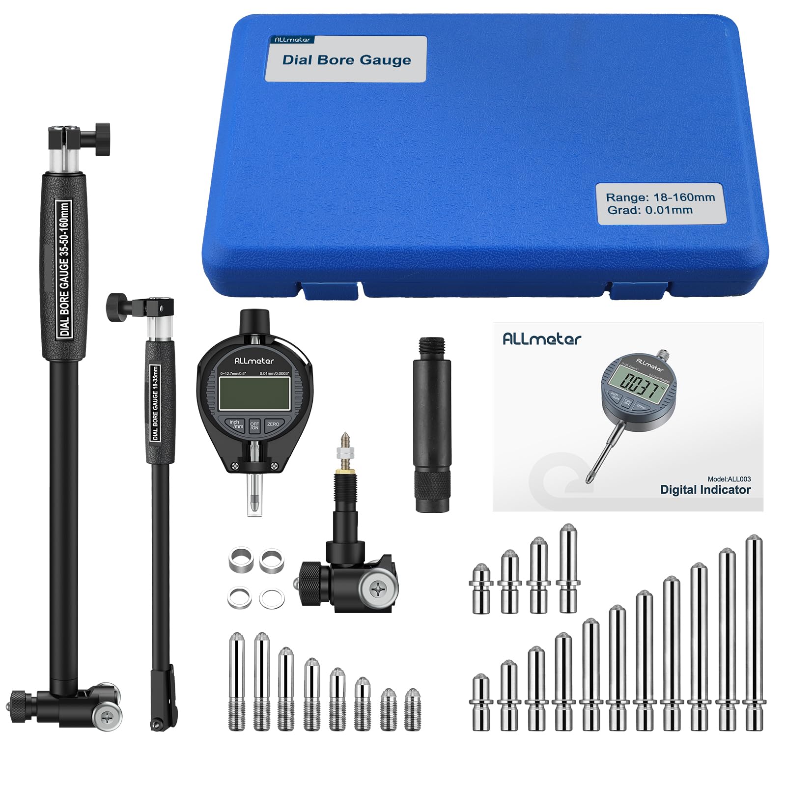 Digitales Bohrungsmessgerät 18-160mm – Präzises Innenmessgerät mit LCD-Messuhr, 0,01mm Genauigkeit, tiefes Messen bis 150mm, inkl. Zubehör & ABS-Box