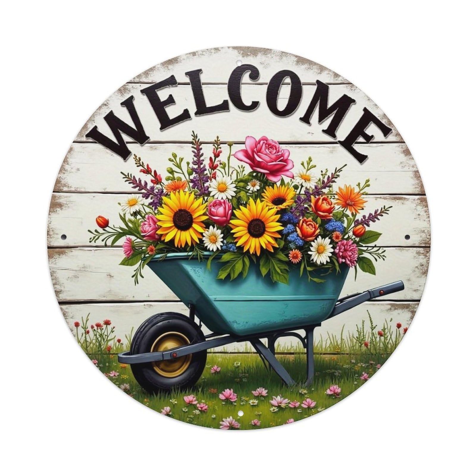 Jdyansheng Vintage Welcome Flower Wheelbarrow Garden Sign Tin Sign Metal Poster Metal Signs For Home Man Cave Bar Cafe Kitchen Laundry Room Wall Decorations 8X8 Inches