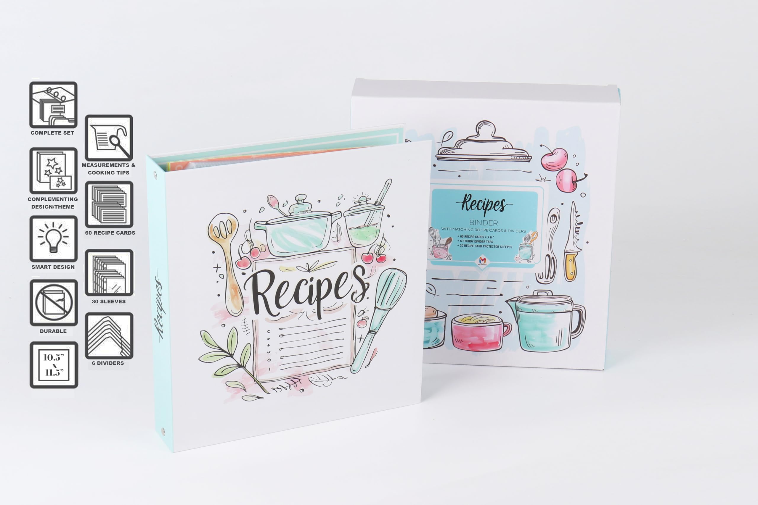 Recipe Book for own Recipes, 10.5" x 11.5" 3 Ring Binder Organizer Set with 30 Plastic Page Protectors, 60 4" x 6" Recipe Cards & 6 Category Divider Tabs Modern Cook Book Kitchen Design