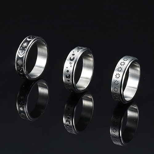 Miniatura 5 de FIBO STEEL Anillo giratorio de acero inoxidable para mujeres y hombres, anillos de banda para la ansiedad, luna y estrella, flores, juego de anillos