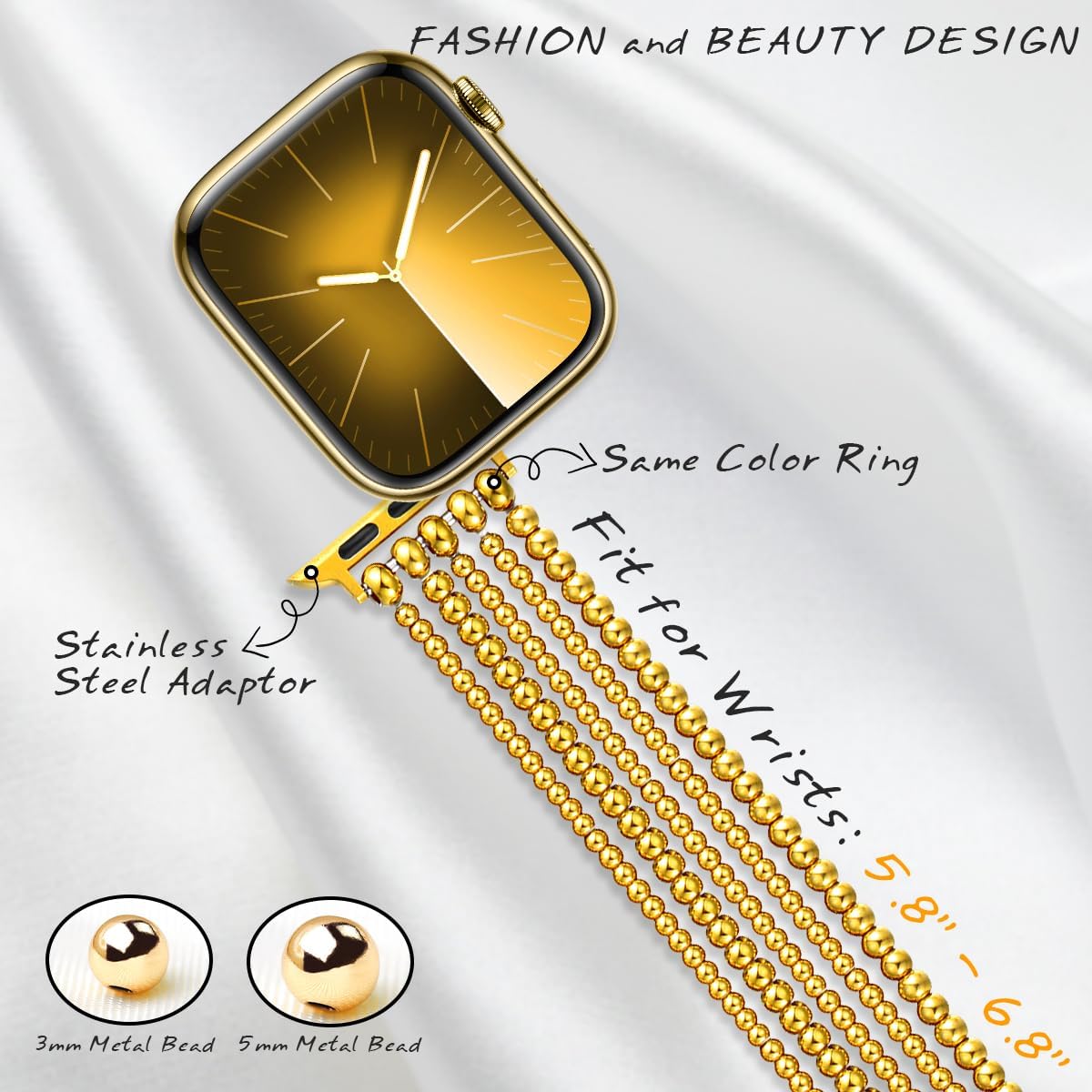 fastgo Gold Beaded Bracelet Band Compatible with Apple Watch Band 41mm/40mm/38mm/44mm/45mm/42mm/49mm Women, Dressy Elastic Stretchy Beaded Strap for Iwatch Series 9 Ultra 8 7 6 5 4 3 2 1 SE(Gold) - Image 5
