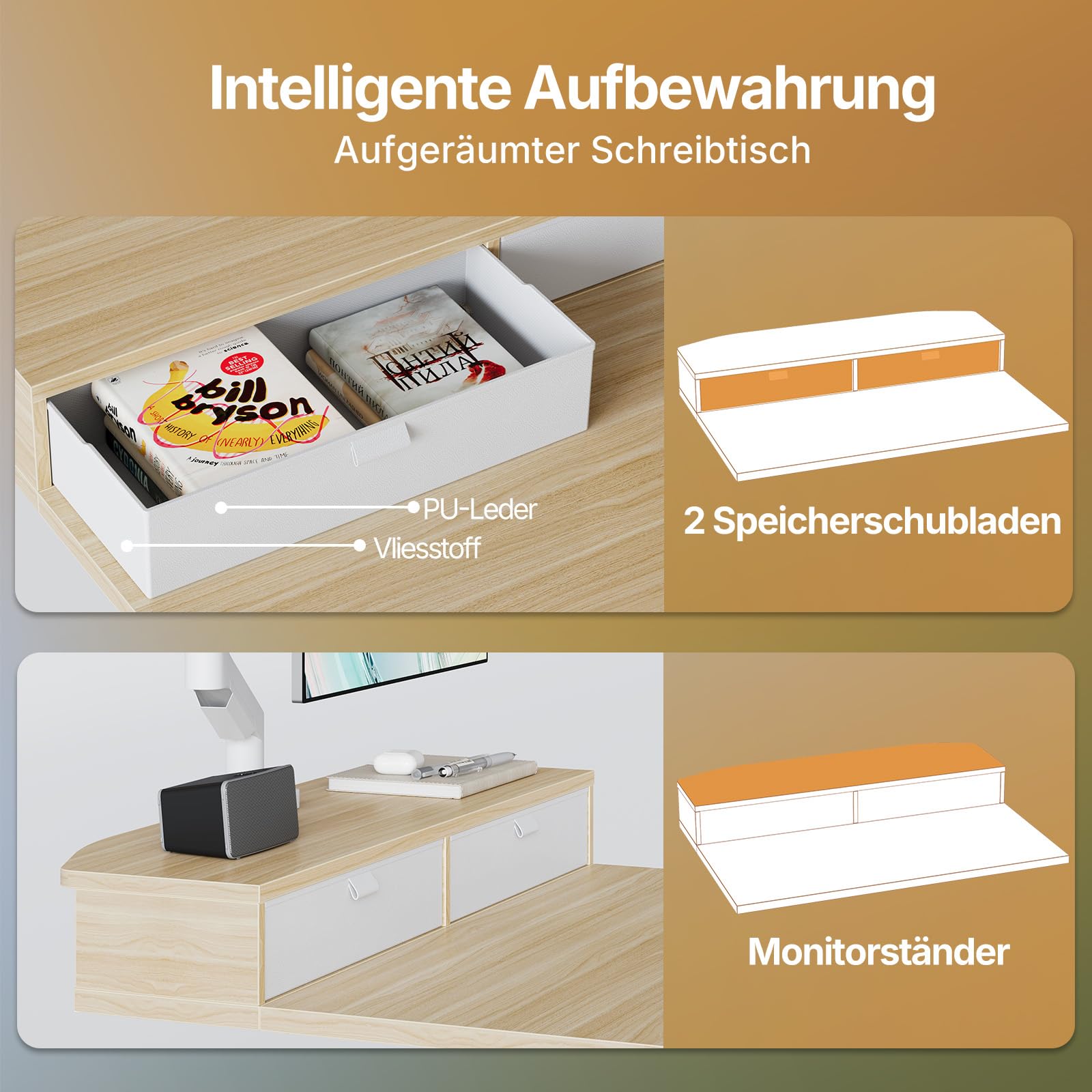 HUANUO Höhenverstellbarer Schreibtisch 80x53 cm mit Schubladen | kompatible C-Klemme-Halterung, 4 Gedächtnis-Höheneintellungen