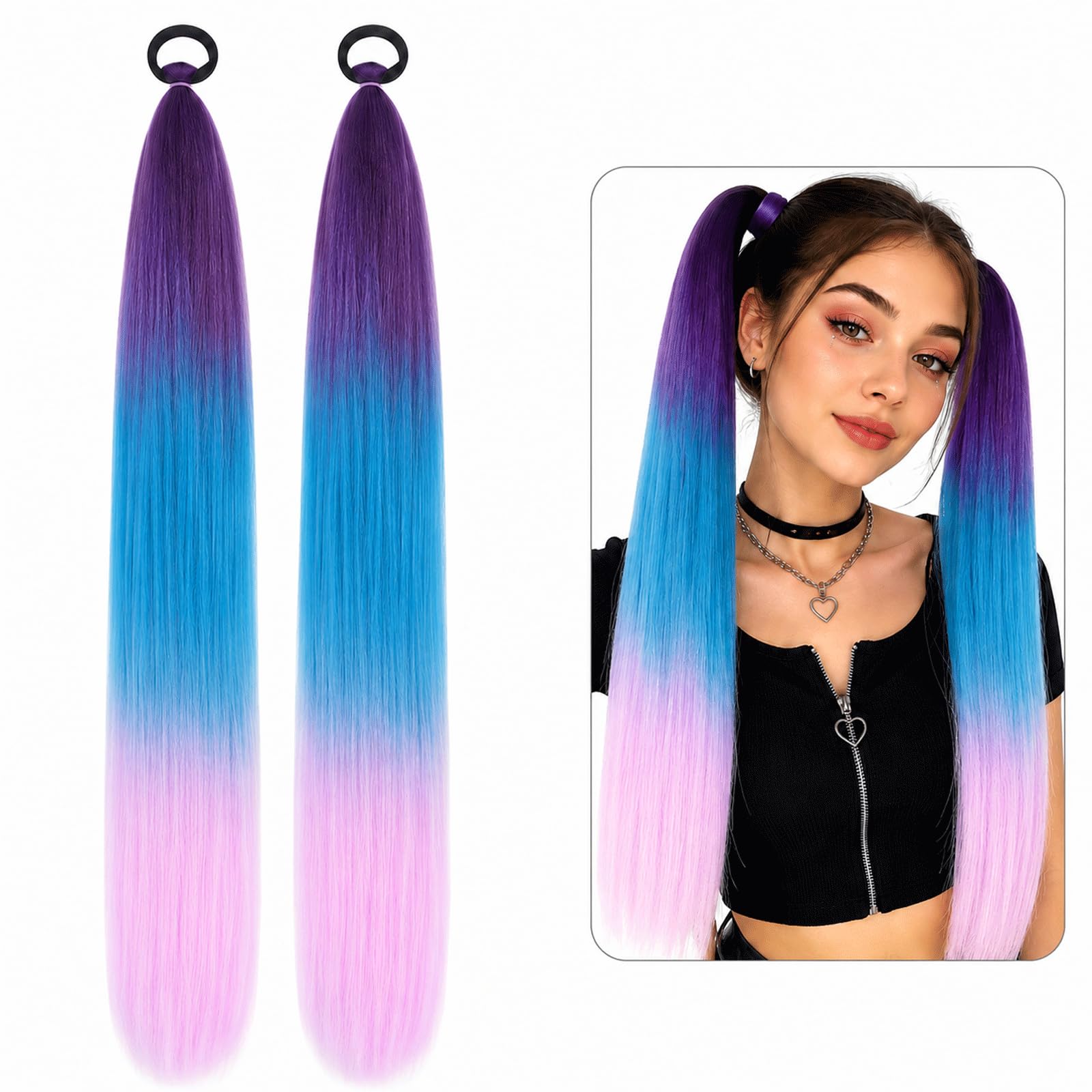 Gradient Purple Pink Ponytail Extensions with Elastic Tie for Women