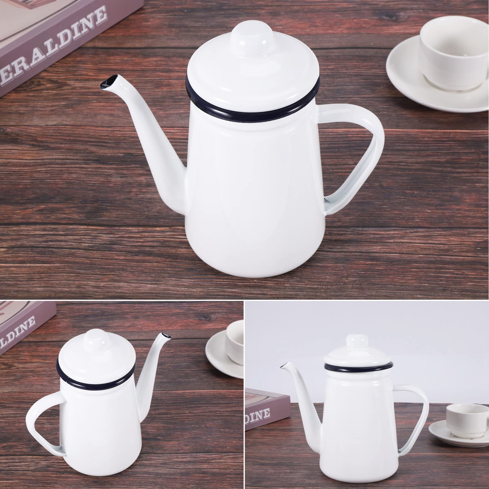 Pot à Café en éMail de Qualité SupéRieure de 1,1L à Verser sur Le Pot à Eau en Poudre de Lait ThéIèRe pour CuisinièRe à Gaz et CuisinièRe à Induction, Blanc