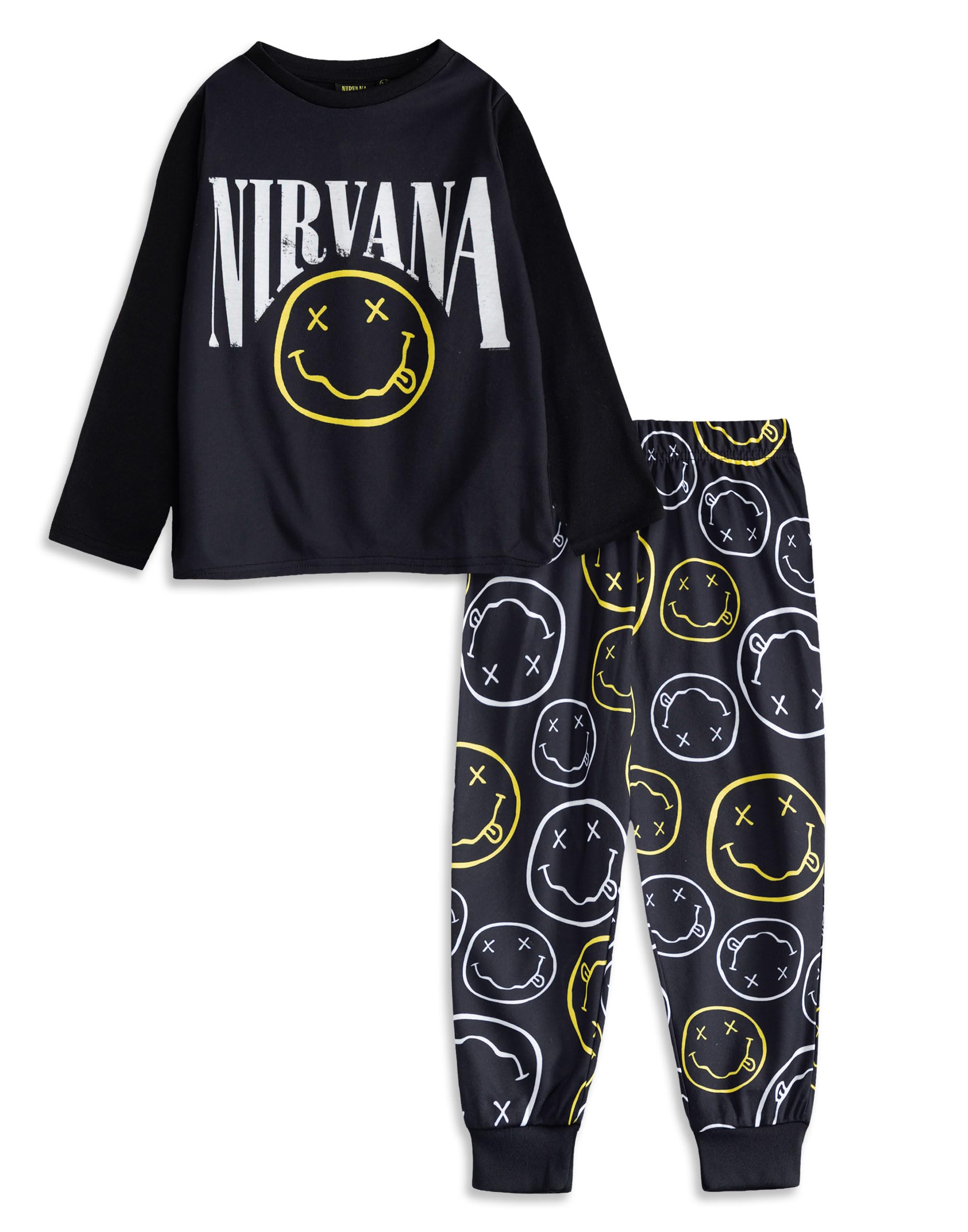 Nirvana Unisex Kids Black Long Sleeve Long Leg Pyjama Set Logo Sleepwear for Comfortable Nights | Music Theme Nightwear | Perfect for Bedtime Merch - 13-14 Years