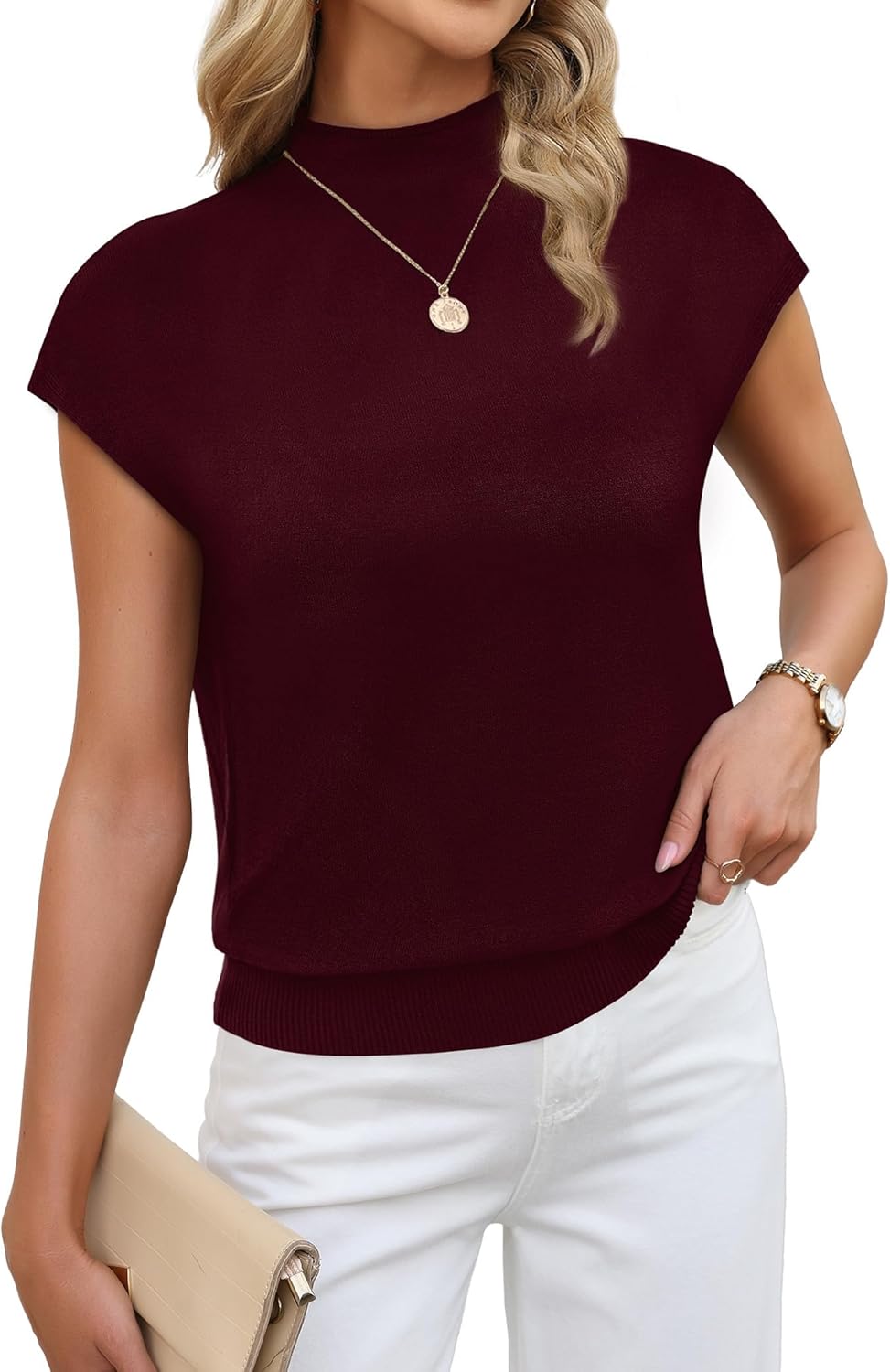 Sampeel Womens Short Sleeve Sweater Mock Neck Summer Top Dressy Casual Basic Knit Pullover Shirt - Image 2