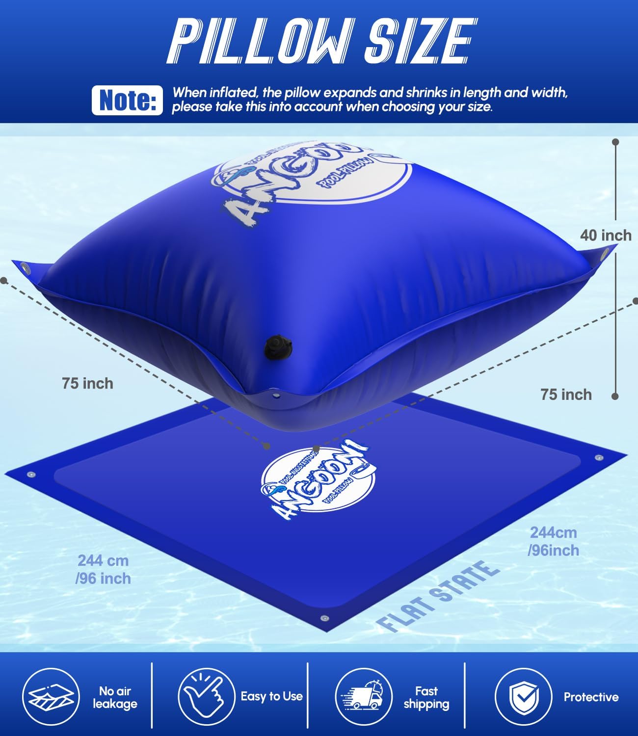 Angooni Extra-Strong 8x8ft Pool Pillow for Winter - 0.4mm Thick PVC Pool Closing Pillow, Sturdy Ropes & Boston Dual Valve, Reliable Above Ground Pool Closing Aid