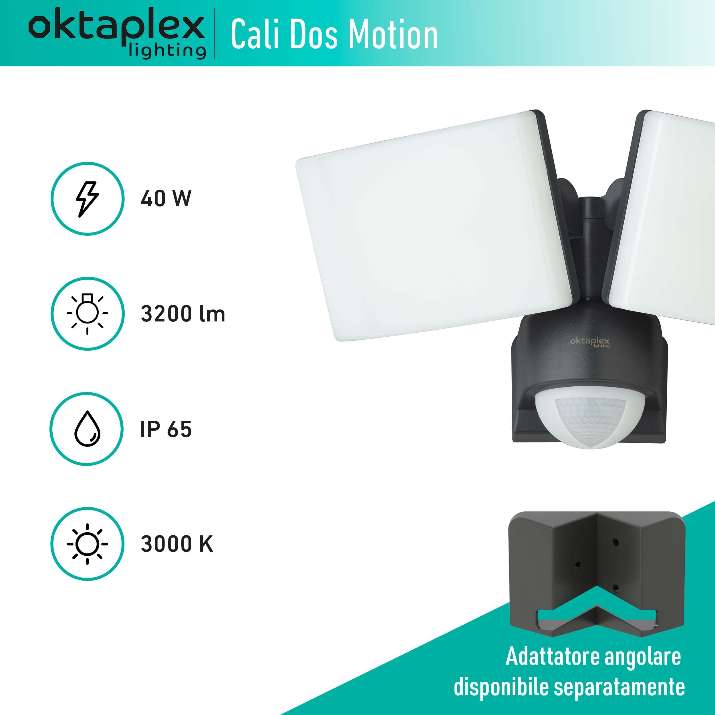 Oktaplex Faretto con sensore di movimento LED 40 W 230 V luce calda 3000K lampada da parete Cali Dos IP65 orientabili applique da parete da esterno antracite 3200 lumen