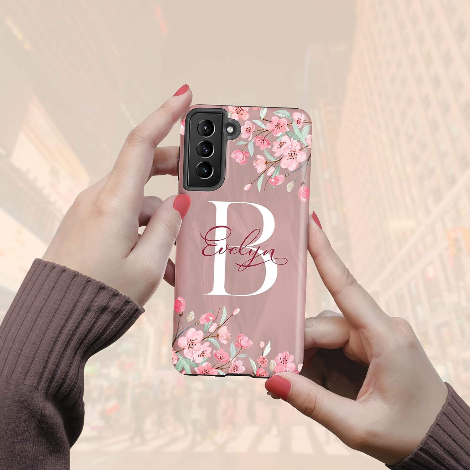 Custom Cherry Blossom Monogram Initial Case, Personalized Name, Compatible with Samsung Galaxy S26 Ultra, S25 Plus, S24, S23, S22, S21, S20