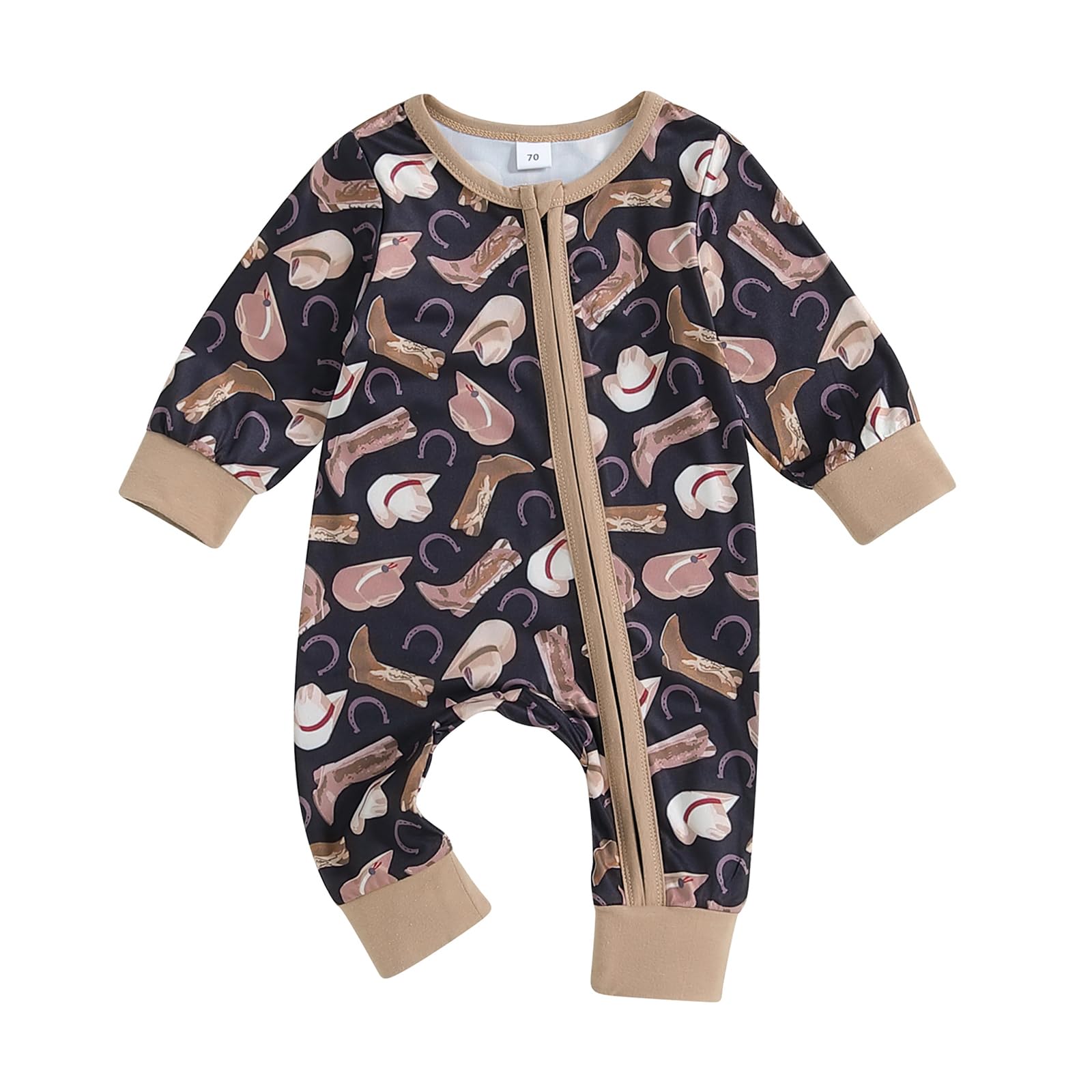 Gaono Western Cowboy Baby Clothes Newborn Boy Girl Romper Cow Print Long Sleeve Zip-Up Jumpsuit Bodysuit One Piece Outfit (J-Black, 0-3 Months)