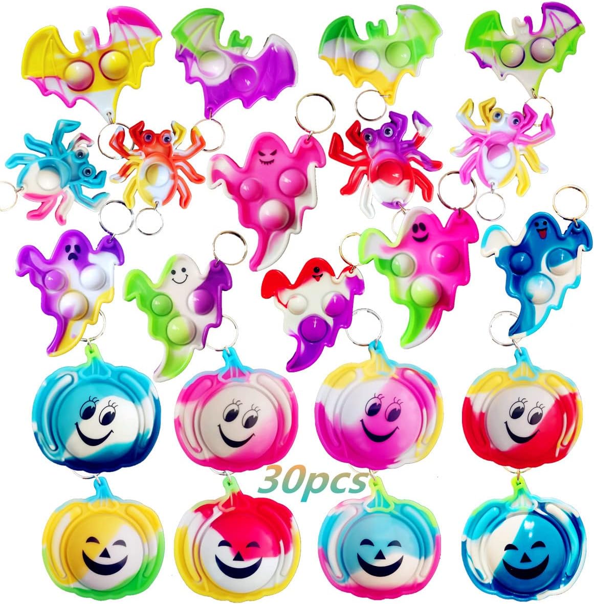 30 Packs Bulk Pumpkin ghost spider bat Halloween Mini pop Fidget Keychain ，Boys and Girls Kids Halloween Party Favors Supplies and Classroom student Prize