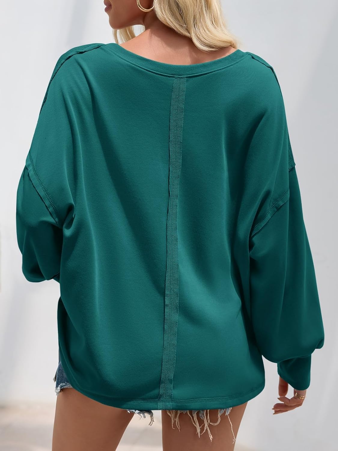 Fisoew Women‘s Oversized Sweatshirts Casual Deep V Neck Lantern Long Sleeve Fall Pullover Tops - Image 3