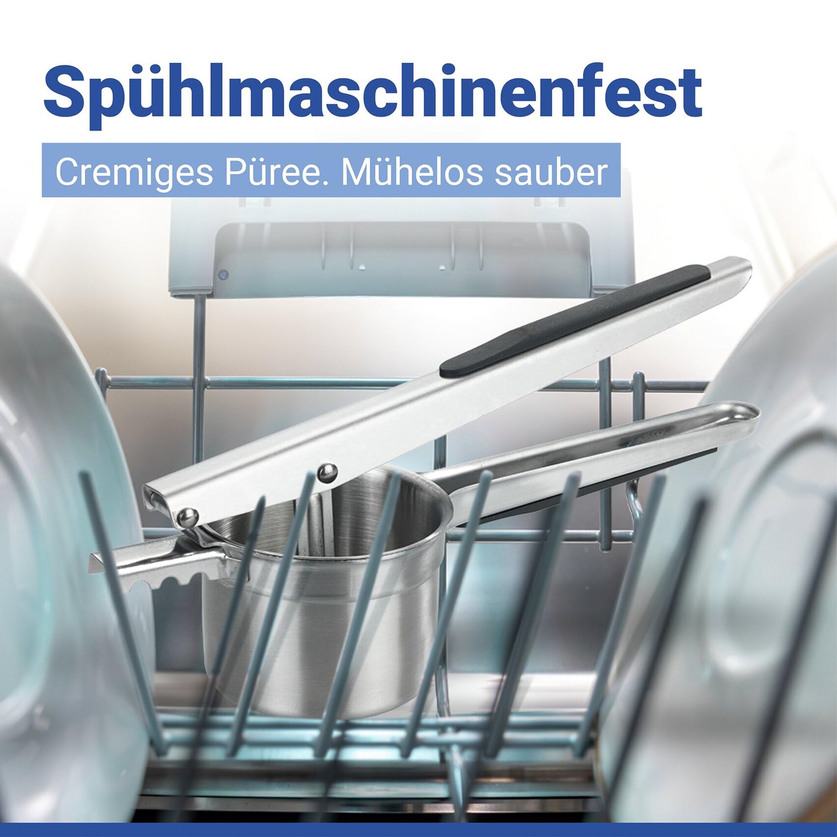Multi-Presse XL aus Edelstahl, große Kartoffelpresse und Küchenpresse mit 4 Einsätzen, 330 ml Volumen, rutschfeste Silikon-Griffe, spülmaschinengeeignet