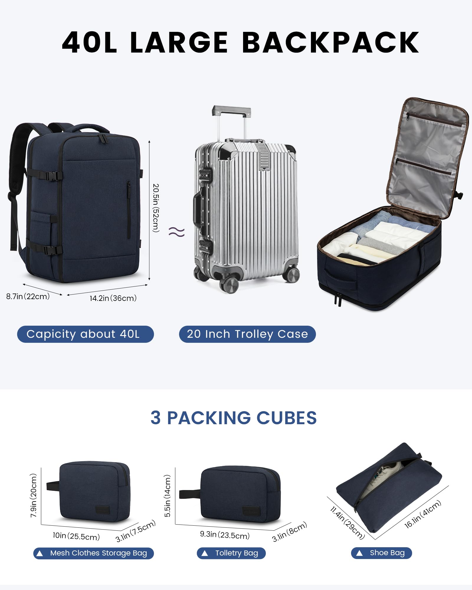 LOVEVOOK Zaino da Viaggio Aereo Bagaglio a Mano 40L Grande Borsa da Cabina per Voli Impermeabile Antifurto Zaino Viaggio Uomo Donna 17,3 Pollici Zaino Porta PC per Scuola Lavoro Trekking, Blu Scuro