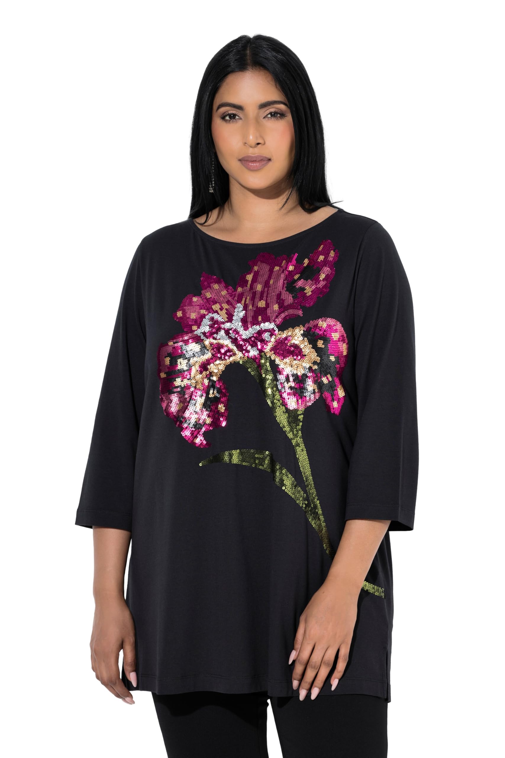 Ulla Popken Damen große Größen Übergrößen Plus Size Sweatshirt, A-Linie, U-Boot-Ausschnitt, 3/4-Arm, Modalmix 843847