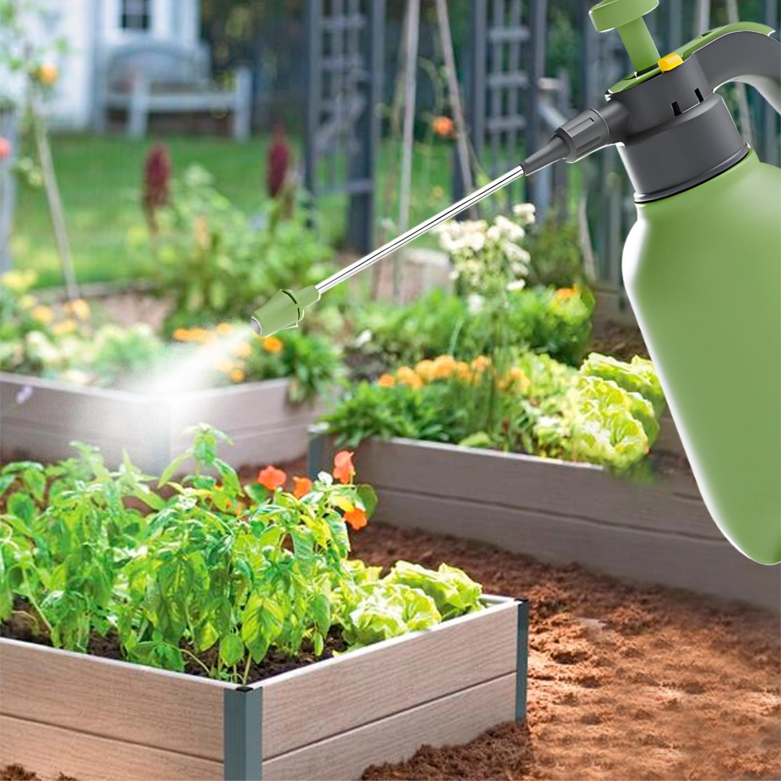Pulverizador a prueba de productos químicos de 2 L con boquilla ajustable y varita extendida, ideal para jardinería y limpieza, blanco y verde wasabi