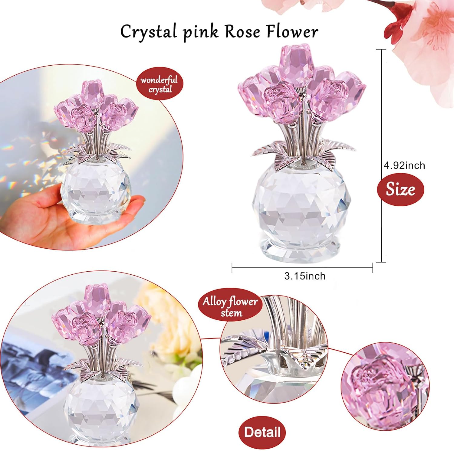 Crystal Rose Flower Collectible Figurine,Valentines Gifts for Girlfriend or Wife Bouquet Figurines Artificial Flowers Quartz Glitter Roses for Glass Flowers(Pink) - Image 3