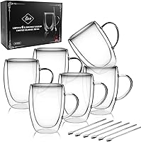 Vista 1 de LIBWYS Paquete de 6 Tazas de Café de Vidrio de Doble Pared, Tazas de 12oz para Espresso Cappuccino Latte Té con Asa, Vasos Transparentes