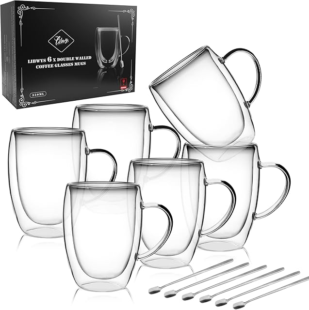 LIBWYS 6 Pack Double Walled Coffee Cups Glasses Mugs, Cappuccino Latte Tea Cups with Handle, Heat Resistant Cup Drinking Glasses 350ML Coffee Cup