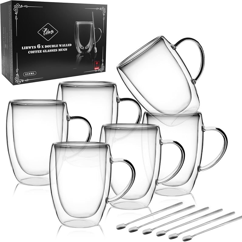 LIBWYS 6 Pack Double Walled Coffee Cups Glasses Mug 12oz Borosilicate Glass | Espresso Cappuccino Latte Tea Cups with Handle, Insulated Heat Resistant Clear Drinking Cups, Hot and Cold Beverages, 350ml