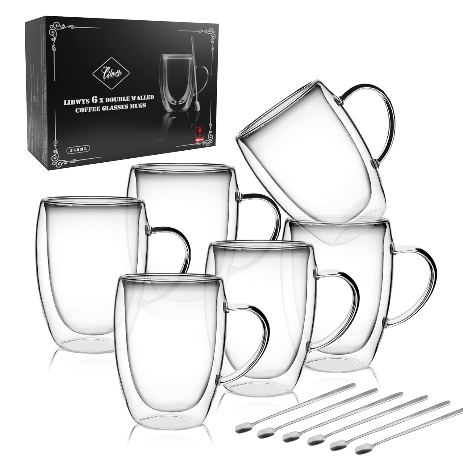 LIBWYS 6 Pack Double Walled Coffee Cups Glasses Mugs 12oz Espresso Cappuccino Latte Tea Cups with Handle Heat