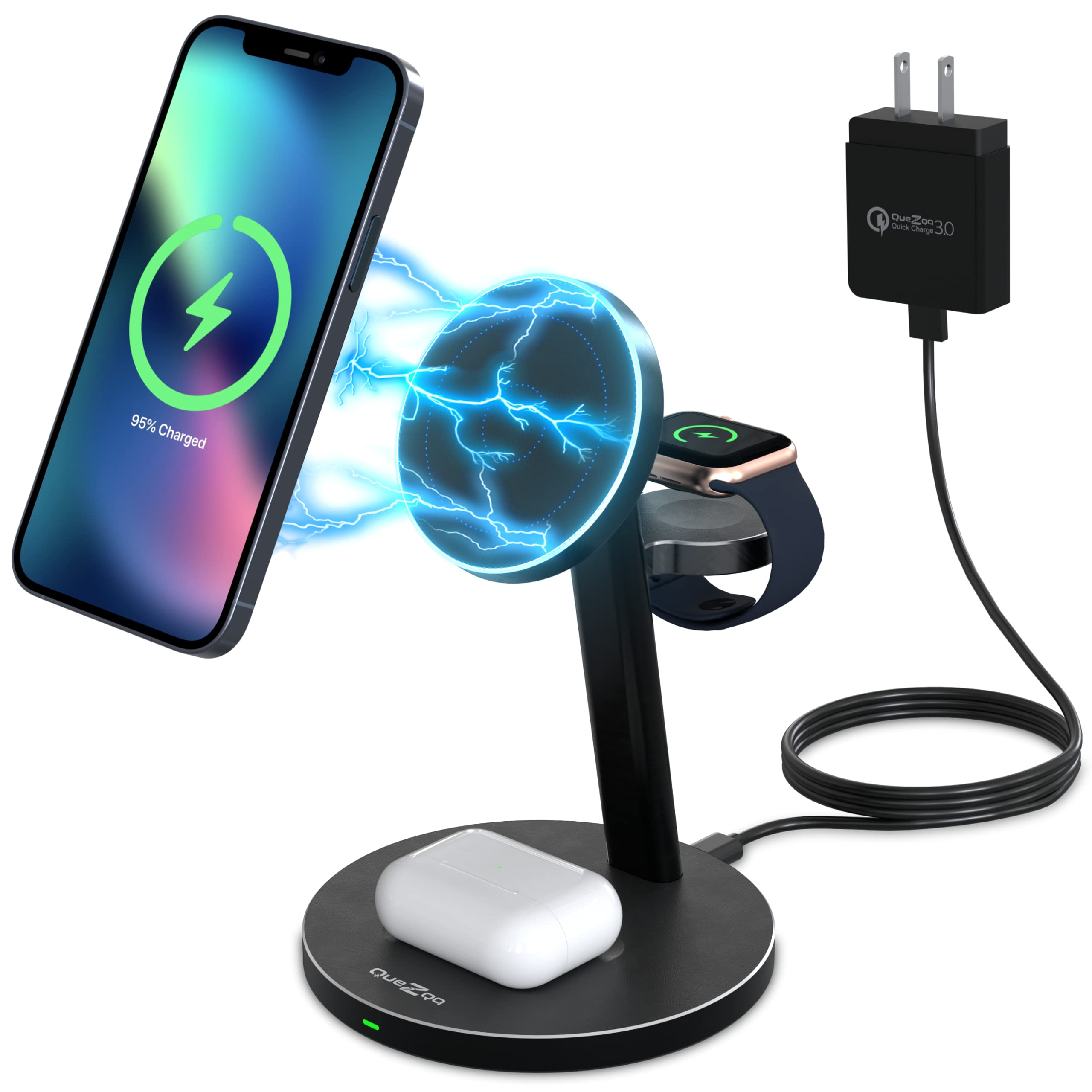 Quezqa Mag-Safe 3 in 1 Wireless Charging Station - 18W Magnetic Charger Stand - Qi Fast Charging Doc