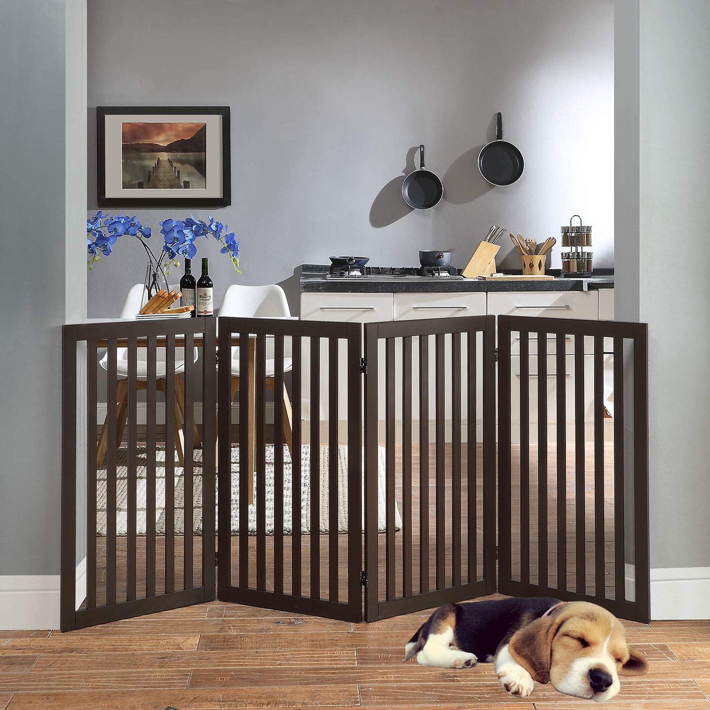 unipaws Puerta de pie para mascotas de 36 pulgadas de alto para perros y gatos, puertas altas de madera para puerta, escaleras, valla plegable para mascotas para la casa, barrera expandible para