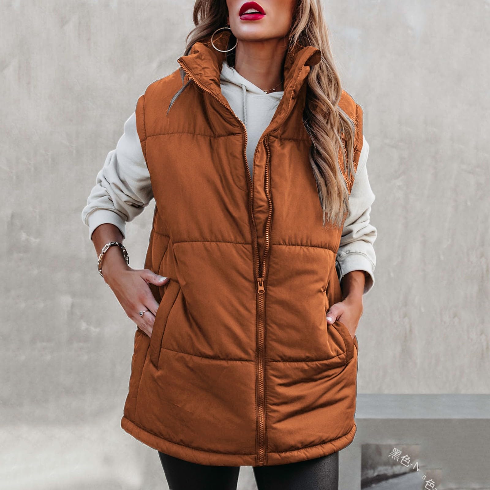 Generisch Chaleco acolchado ligero para mujer, chaleco de plumón para mujer, negro, cuello alto, chaleco de invierno con cremallera, chaqueta de algodón con bolsillos, chaleco de pescador, chaleco de