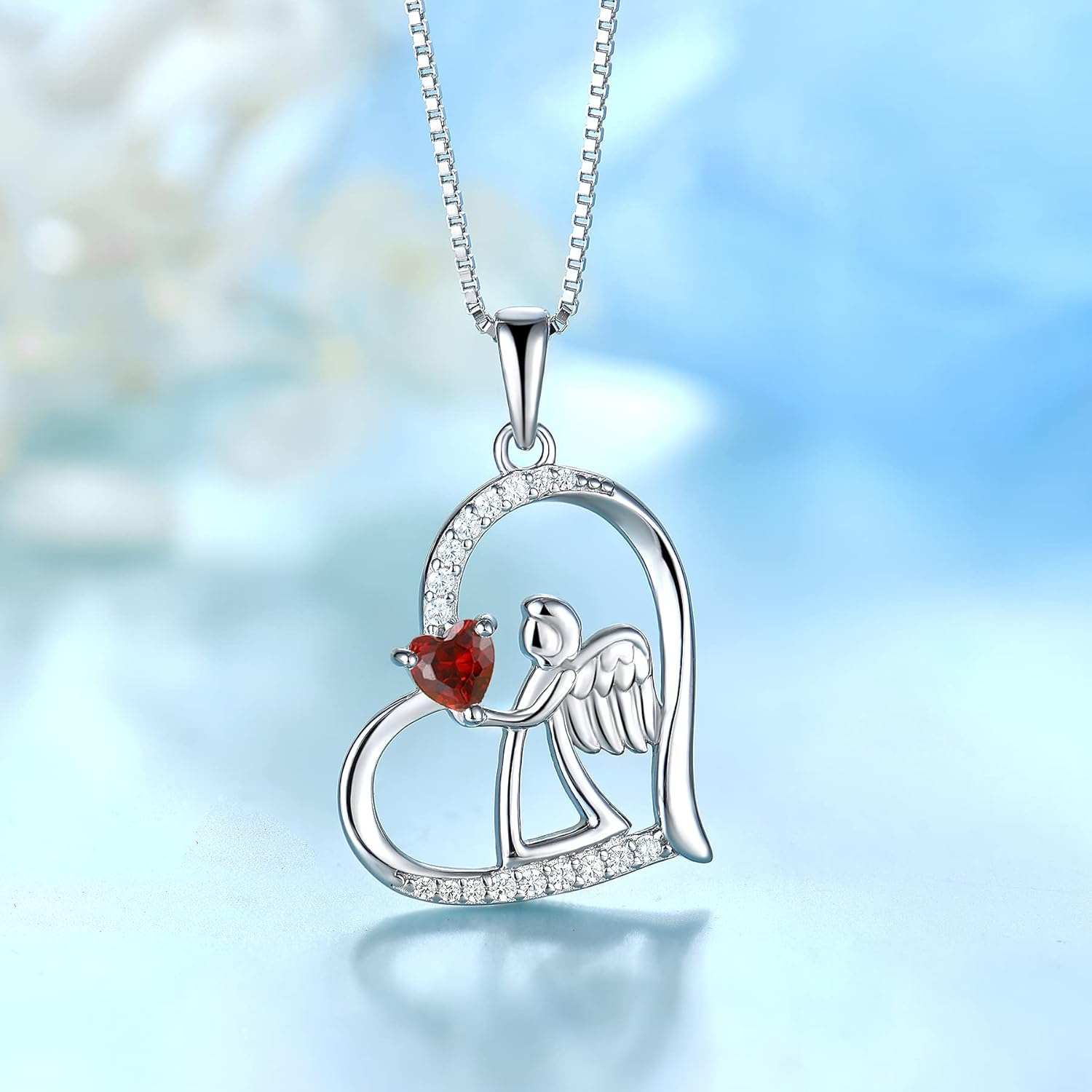 FJ Heart Guardian Angel Necklace 925 Sterling Silver Angel Wing Pendant Birthstone Jewelry for Women - Image 3
