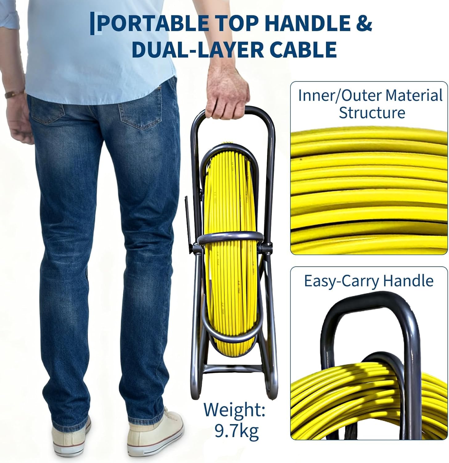 Fish Tape Fiberglass,1/4in x 328ft Heavy-Duty Duct Rodder with Steel Reel Stand,Cable Running Rod,Fishing Tools for Walls and Electrical Conduit, Non-Conductive