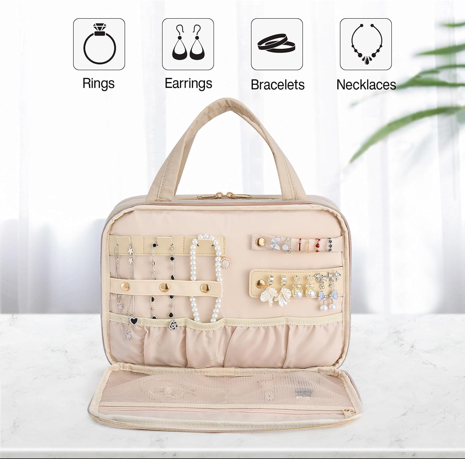 Hanke Hanging Travel Toiletry Bag for Women with Jewelry Organizer Compartment, Travel Essentials Toiletries and Makeup Bag, Water-Resistant & Stain-Resistant with Trolley Strap (Apricot) - Image 3