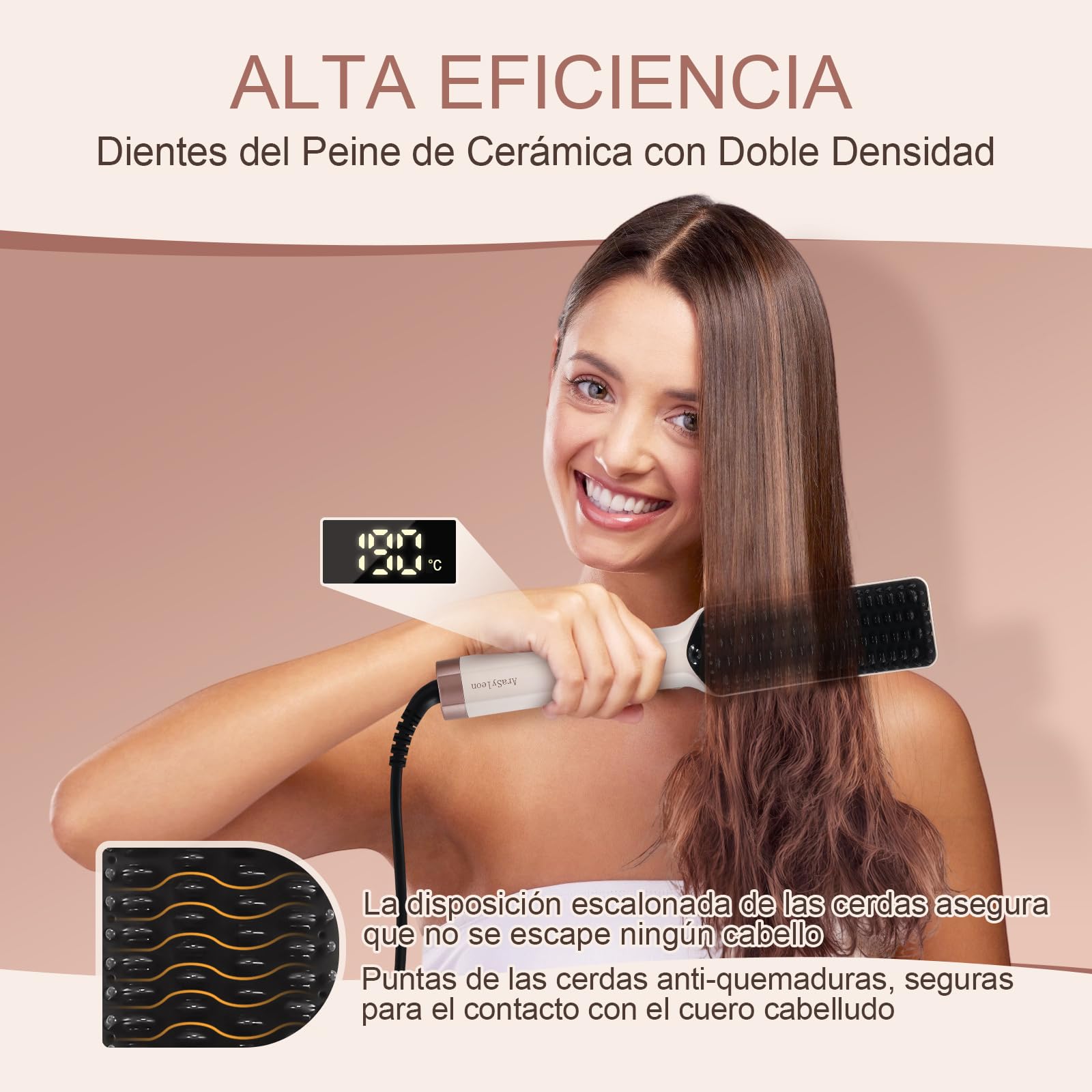Cepillo Alisador de Pelo con Iones - Diseñado para Cabello Grueso, Rizado - Cepillo Alisador con Cerdas de Cerámica y Calentamiento Rápido - 16 Temperaturas (80-230°C) - Doble Voltaje