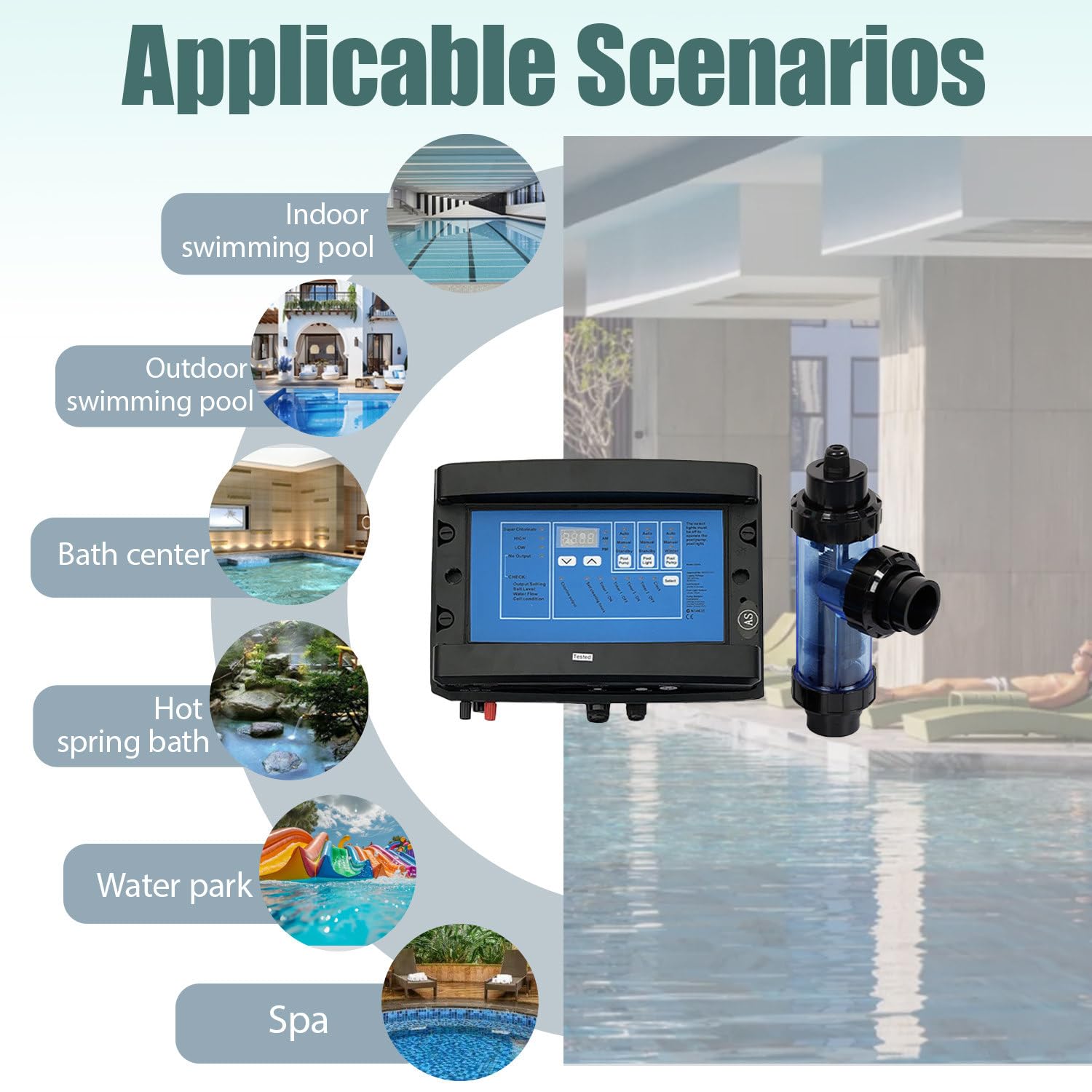Generador de sal autolimpiante para piscinas y spas, niveles de salida de cloro ajustables