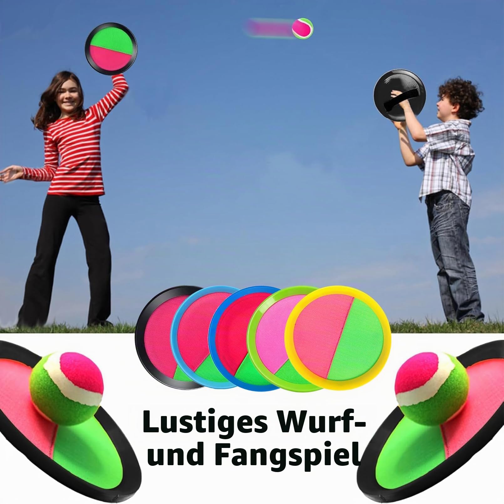 Klettballspiel, Outdoor Klettballspiel für Kinder, 2 Paddel und 2 Bälle, Outdoor Spielzeug Sommer Spielzeug Draußen, Spaß im Freien Spiel Fangball Spiel, für Kinder ab 2 3 4 5 6 7 8 9 10