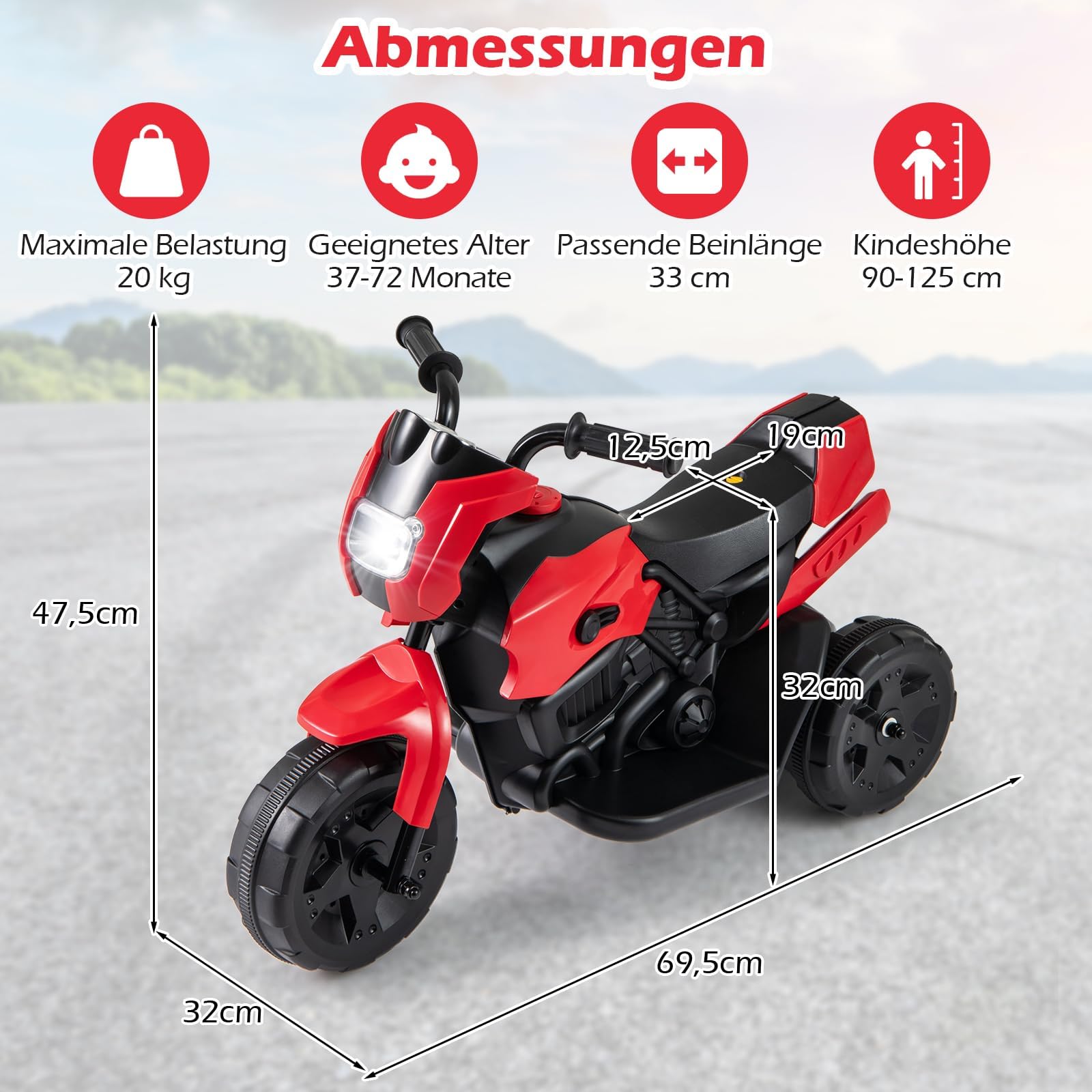COSTWAY Elektryczny motocykl dziecięcy, 6 V, elektryczny z reflektorem LED i pedałem, 2-3 km/h, trójkołowy motocykl elektryczny dla chłopców i dziewczynek od 3 lat (czerwony)
