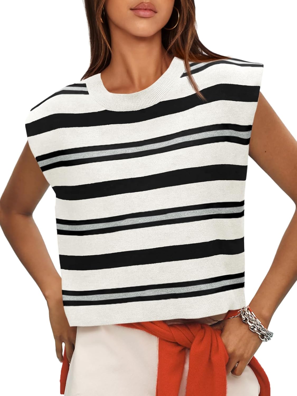 Saodimallsu Womens Striped Sleeveless Sweater Vest Cap Sleeve Crew Neck Loose Fit Knit Summer Crop Tank Tops Large White