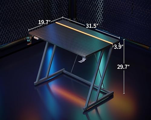 Miniatura 3 de MOTPK Escritorio pequeño para juegos con luces LED y toma de corriente, escritorio de computadora de 31.5 pulgadas para espacios pequeños, mesa de
