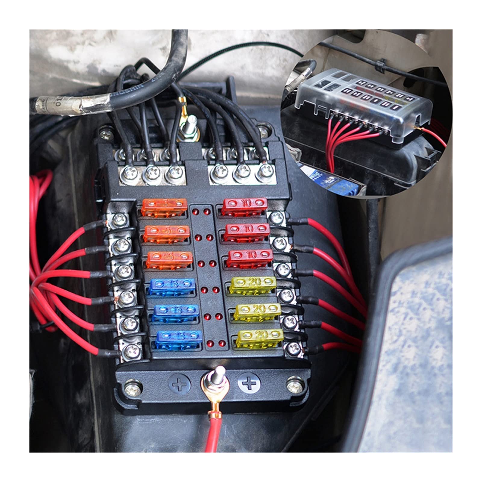 Skrzynka bezpieczników z plastikową osłoną 12V i 32V, uchwyt kołowy M5 wskaźnik LED, 6 drożny, ostrze 12 do samochodu, łodzi, trójkołowy morski (12 Way with LED)