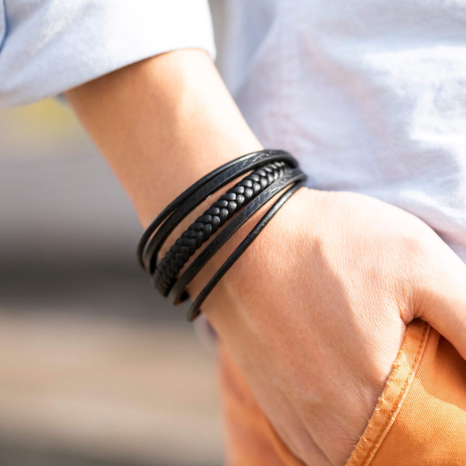 murtoo Pulsera para hombre de acero inoxidable y piel auténtica, con piedra natural trenzada con cierre magnético