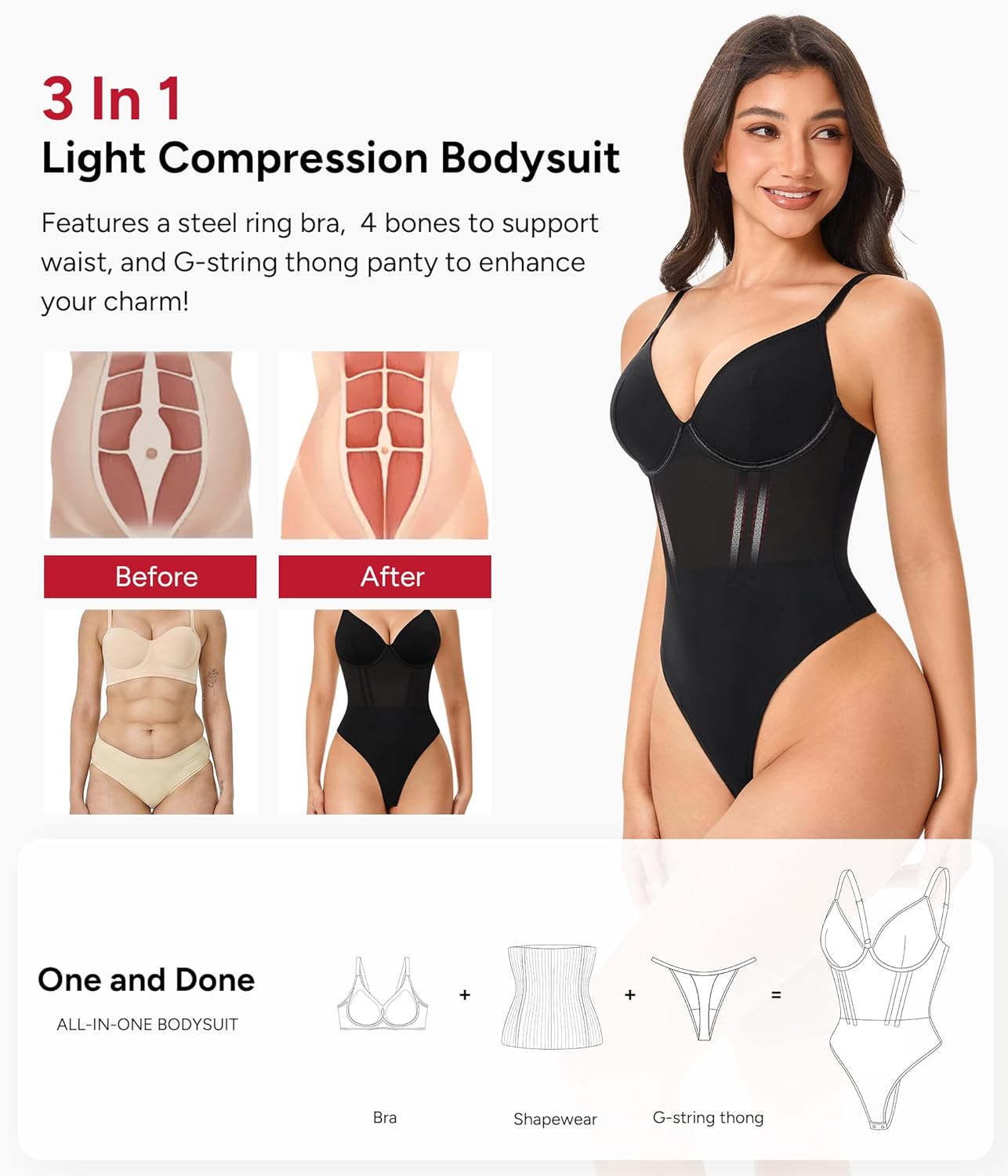 Nebility Shapewear Bodysuits for Women Tummy Control Slimming V Neck Shapewear Bodysuit Thong Body shaper with Underwire