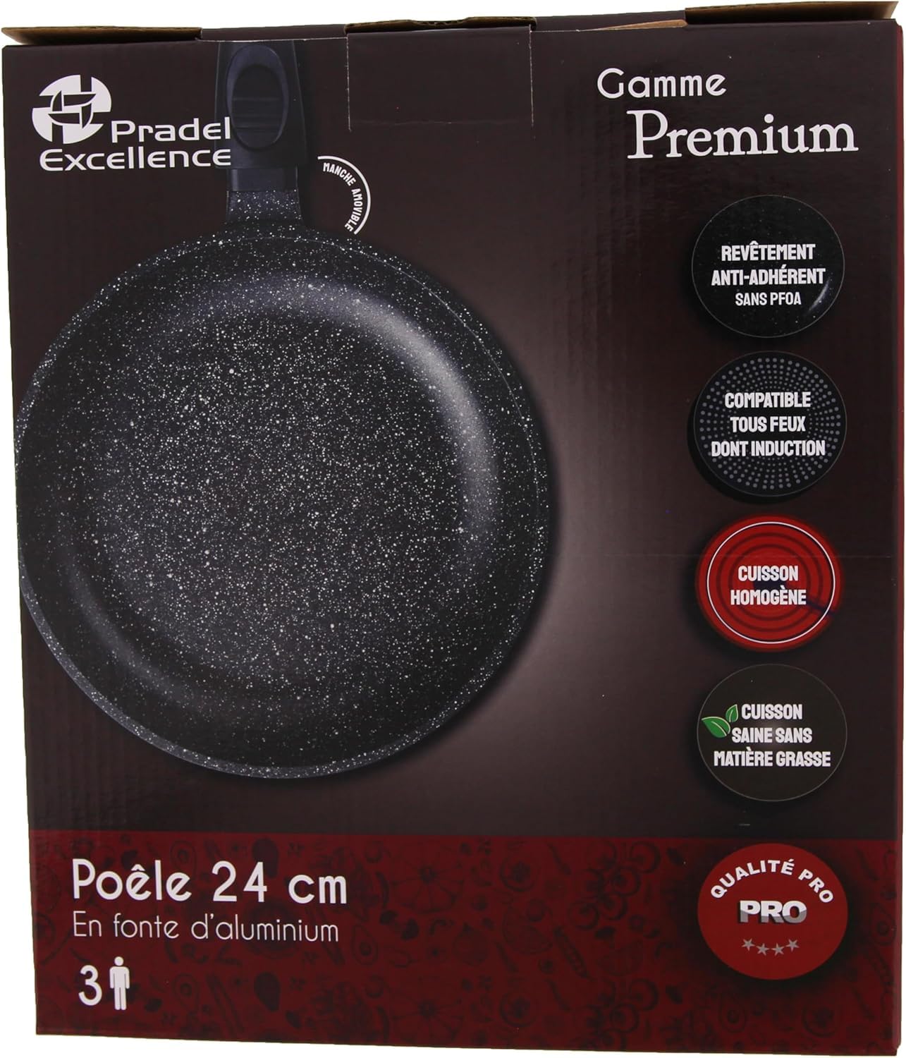 Pradel Excellence, Premium odlew aluminiowy, szklana pokrywa, kamienna powłoka nieprzywierająca, zdejmowane osłony uchwytów, kompatybilne ze wszystkimi palnikami, w tym indukcyjnymi, piekarnikiem,