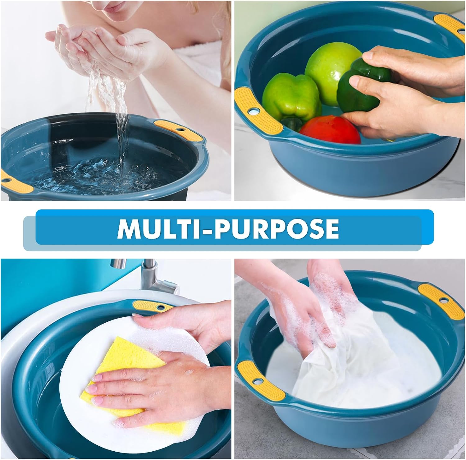 INVODA Plastic Wash Basin Small Laundry Tub Space Saving Round Wash Tub for Dish, Fruit, Camping, Laundry, Home & Dormitory (Blue S 3PCS)